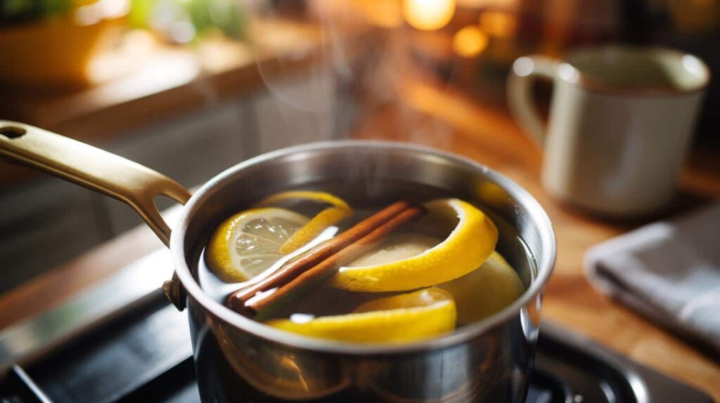 Boiling lemon peel, cinnamon and ginger